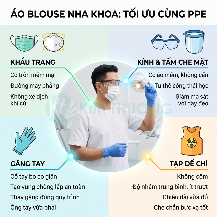 Bác sĩ nha khoa mặc áo blouse trắng, đeo khẩu trang, kính bảo hộ và găng tay y tế xanh khi làm việc trong phòng khám