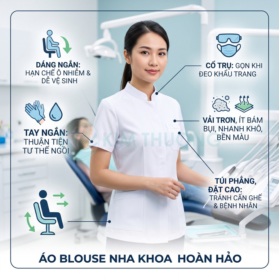 Áo blouse nha khoa tay ngắn màu trắng cho nữ nha sĩ đứng trong phòng khám răng hiện đại