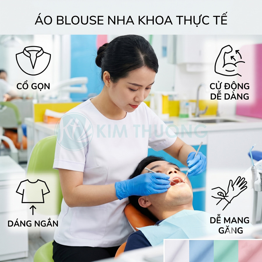 Áo blouse nha khoa cổ tròn dáng ngắn màu trắng cho nữ nha sĩ khi khám răng cho bệnh nhân