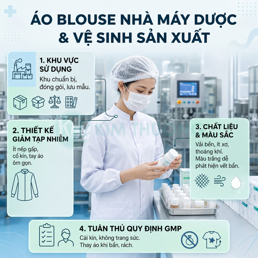 Nhân viên nhà máy dược mặc áo blouse trắng, khẩu trang, kiểm tra lọ thuốc trên dây chuyền sản xuất sạch