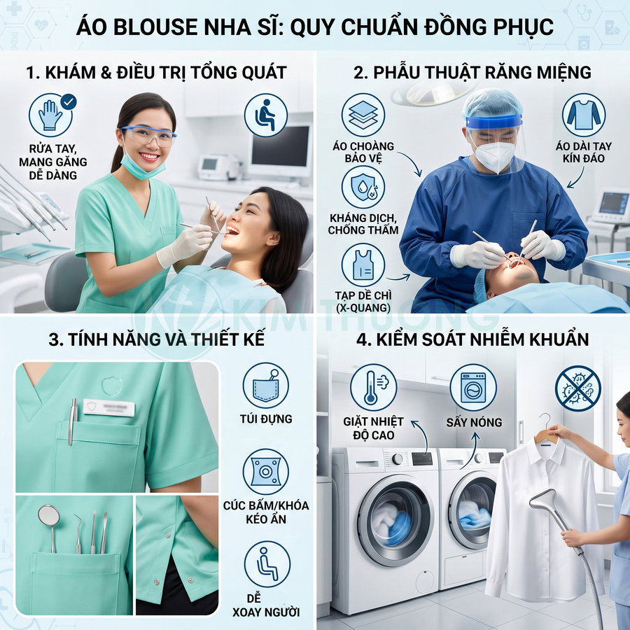 Áo blouse nha sĩ màu xanh và xanh đậm với thiết kế túi tiện dụng, kháng khuẩn, phù hợp khám và phẫu thuật răng miệng