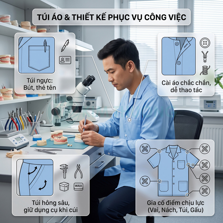 Áo blouse lao động màu xanh cho nha sĩ với túi ngực, túi hông sâu và đường may gia cố tiện dụng