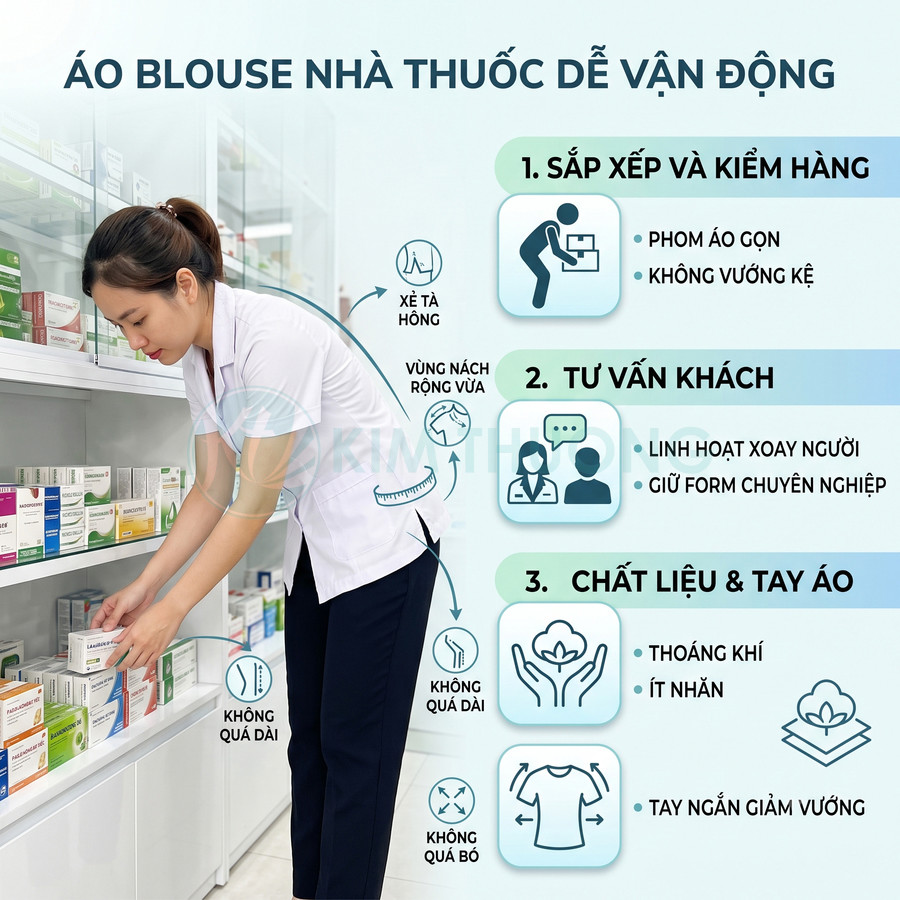 Áo blouse nhà thuốc tay ngắn cho dược sĩ nữ, thiết kế thoáng mát dễ vận động khi sắp xếp thuốc và tư vấn khách hàng