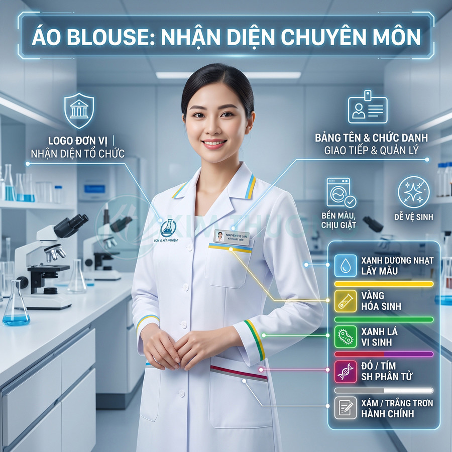 Nữ nhân viên y tế mặc áo blouse trắng có viền màu, đứng trong phòng thí nghiệm hiện đại với kính hiển vi