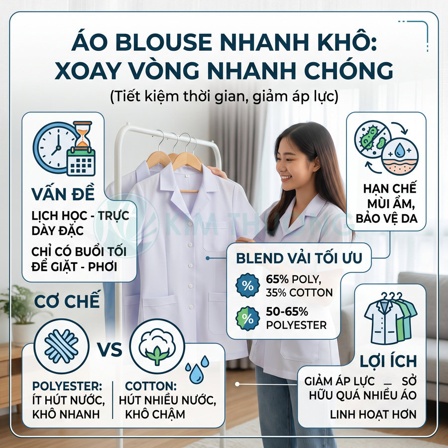 Áo blouse y khoa nhanh khô treo trên móc, nữ sinh mặc thử áo trắng trong phòng khách sáng sủa