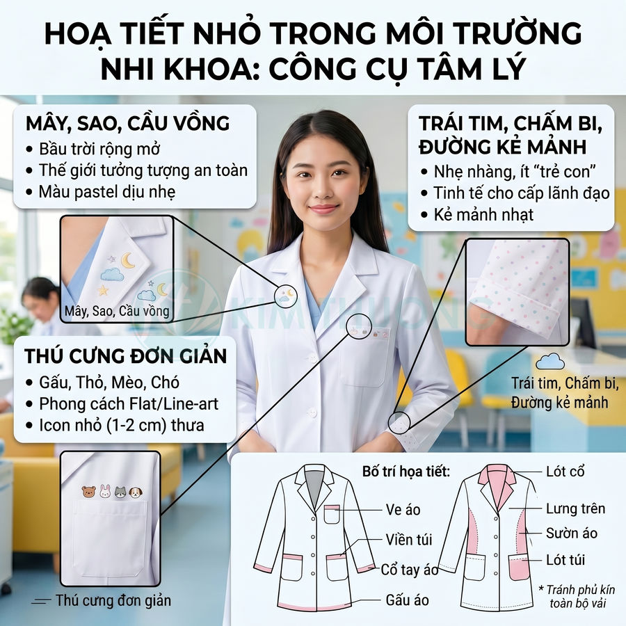Áo blouse bác sĩ nhi khoa màu trắng với họa tiết mây sao cầu vồng và thú cưng nhỏ pastel dễ thương