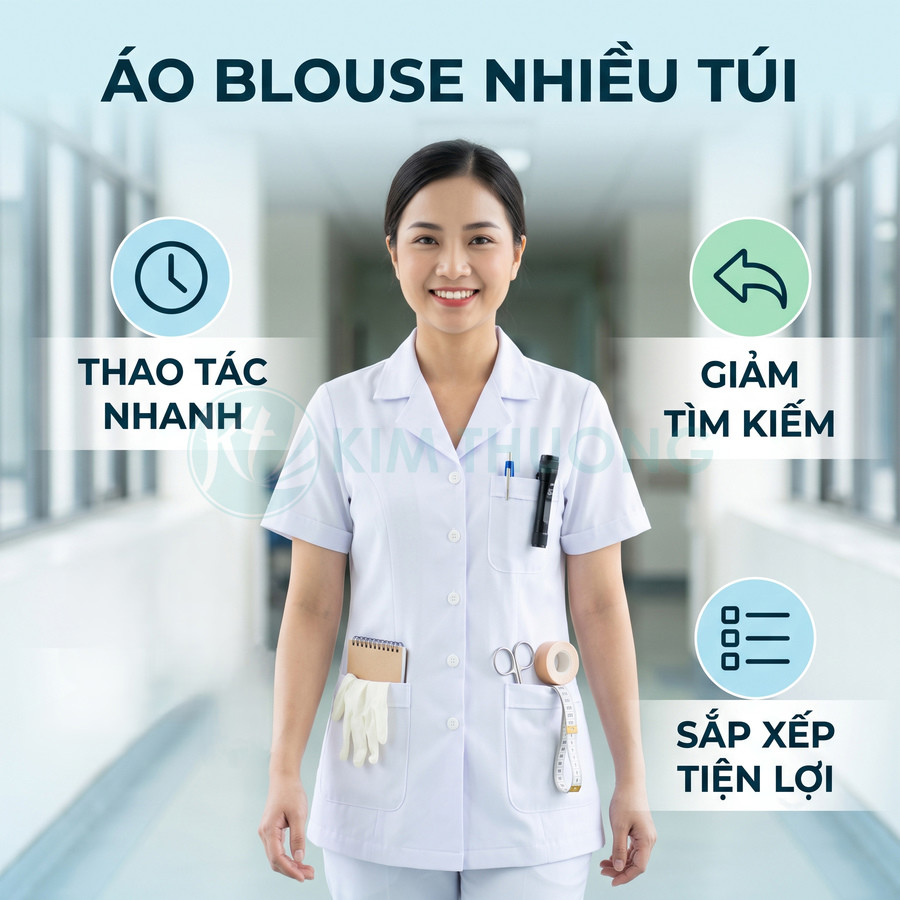 Áo blouse y tá nhiều túi màu trắng, cài khuy, đựng găng tay sổ tay kéo bút thước dây trong bệnh viện