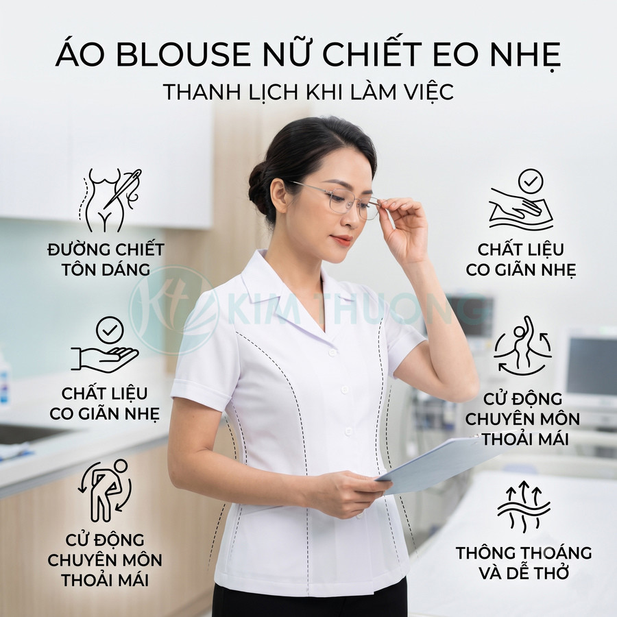 Áo blouse nữ trắng chiết eo nhẹ cho nhân viên y tế, chất liệu co giãn, thoáng mát, tôn dáng khi làm việc