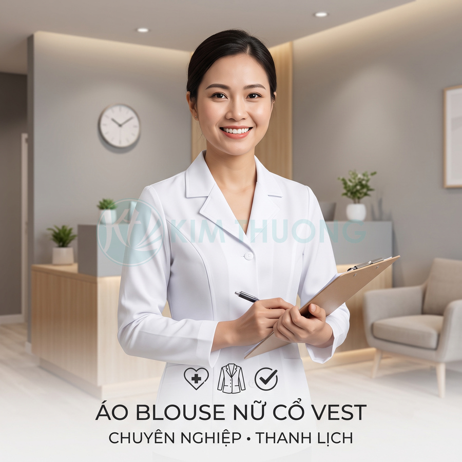 Áo blouse nữ cổ vest màu trắng, thiết kế chuyên nghiệp thanh lịch cho nhân viên y tế
