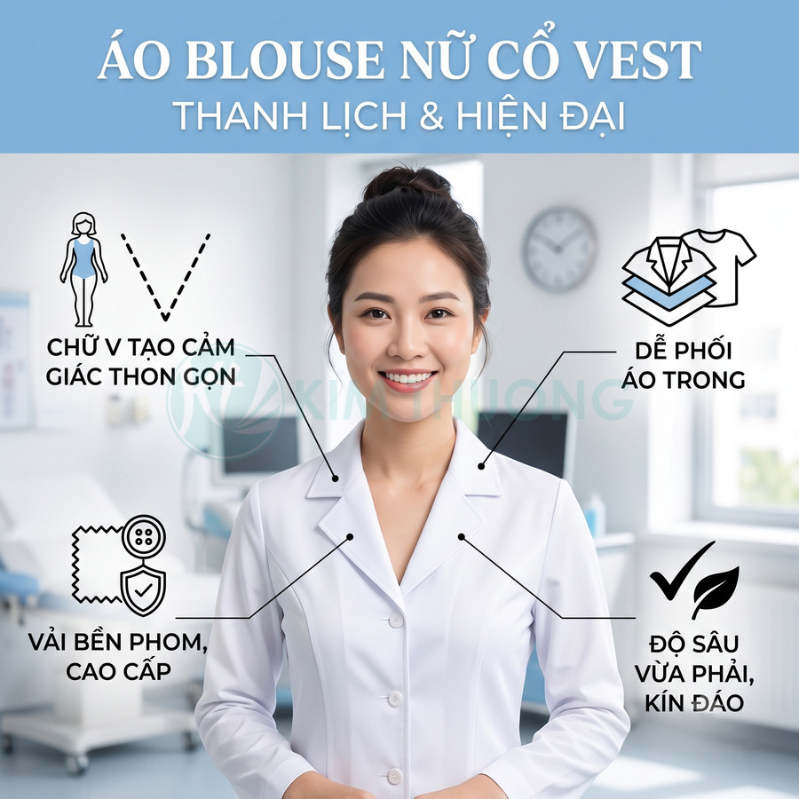 Áo blouse nữ cổ vest trắng thanh lịch cho nhân viên y tế, chất vải bền đẹp, dáng ôm gọn, dễ phối áo trong