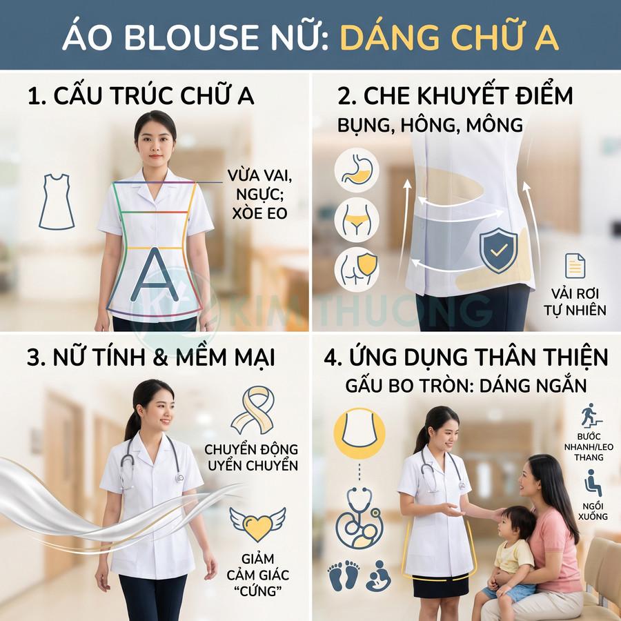 Áo blouse nữ dáng chữ A màu trắng cho nhân viên y tế, thiết kế che khuyết điểm bụng hông mông, gấu bo tròn thân thiện