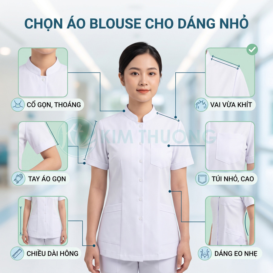 Áo blouse nữ dáng nhỏ cổ trụ tay ngắn màu trắng cho nhân viên y tế trong bệnh viện