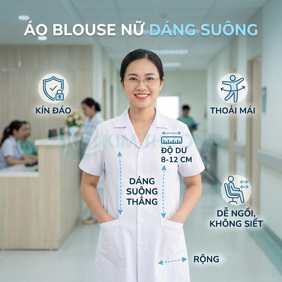 Áo blouse nữ dáng suông màu trắng cho nhân viên y tế, thiết kế kín đáo thoải mái, hai túi lớn phía trước
