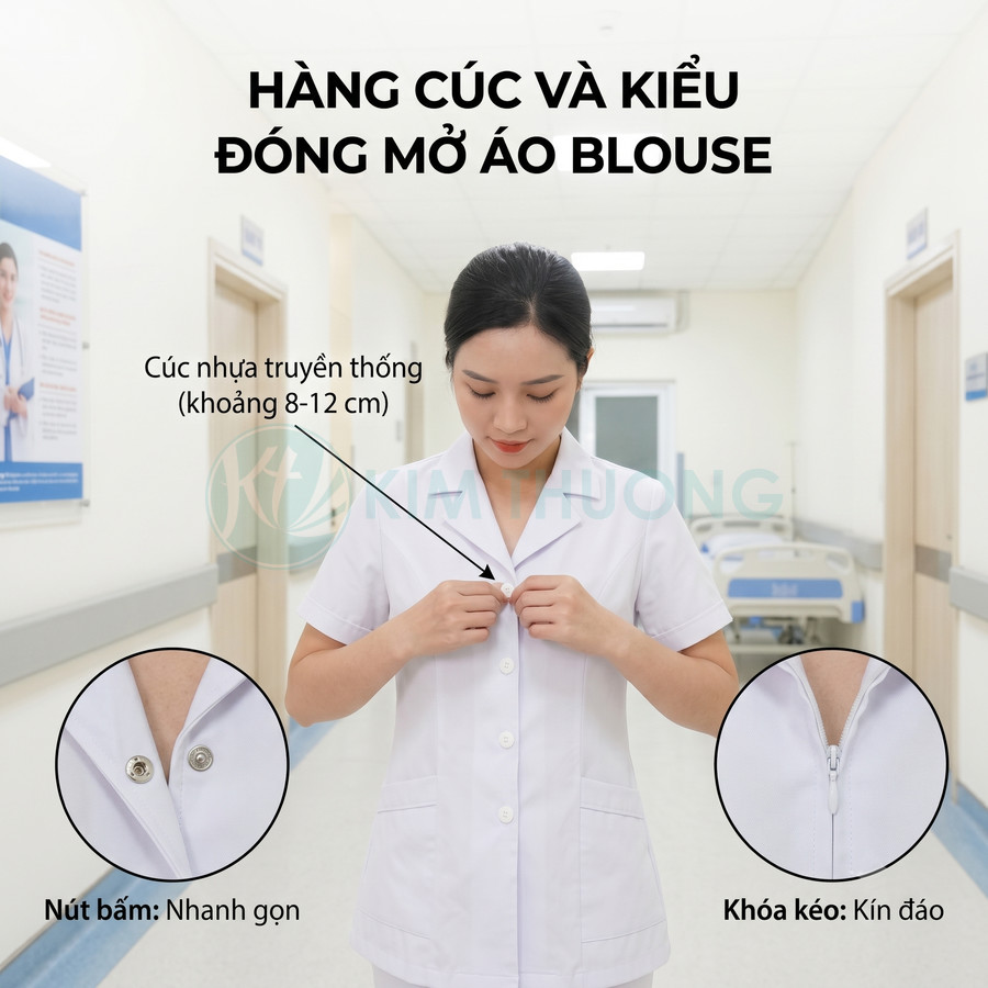 Áo blouse y tá trắng với hàng cúc nhựa, nút bấm và khóa kéo kín đáo trong bệnh viện