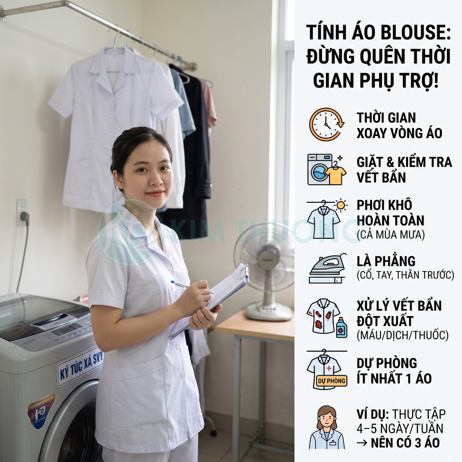 Nữ sinh viên y khoa mặc áo blouse trắng đứng cạnh máy giặt trong phòng ký túc xá, cầm sổ ghi chép