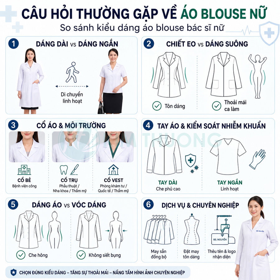 So sánh các kiểu áo blouse nữ cho bác sĩ với dáng dài ngắn, chiết eo, cổ áo và tay áo khác nhau