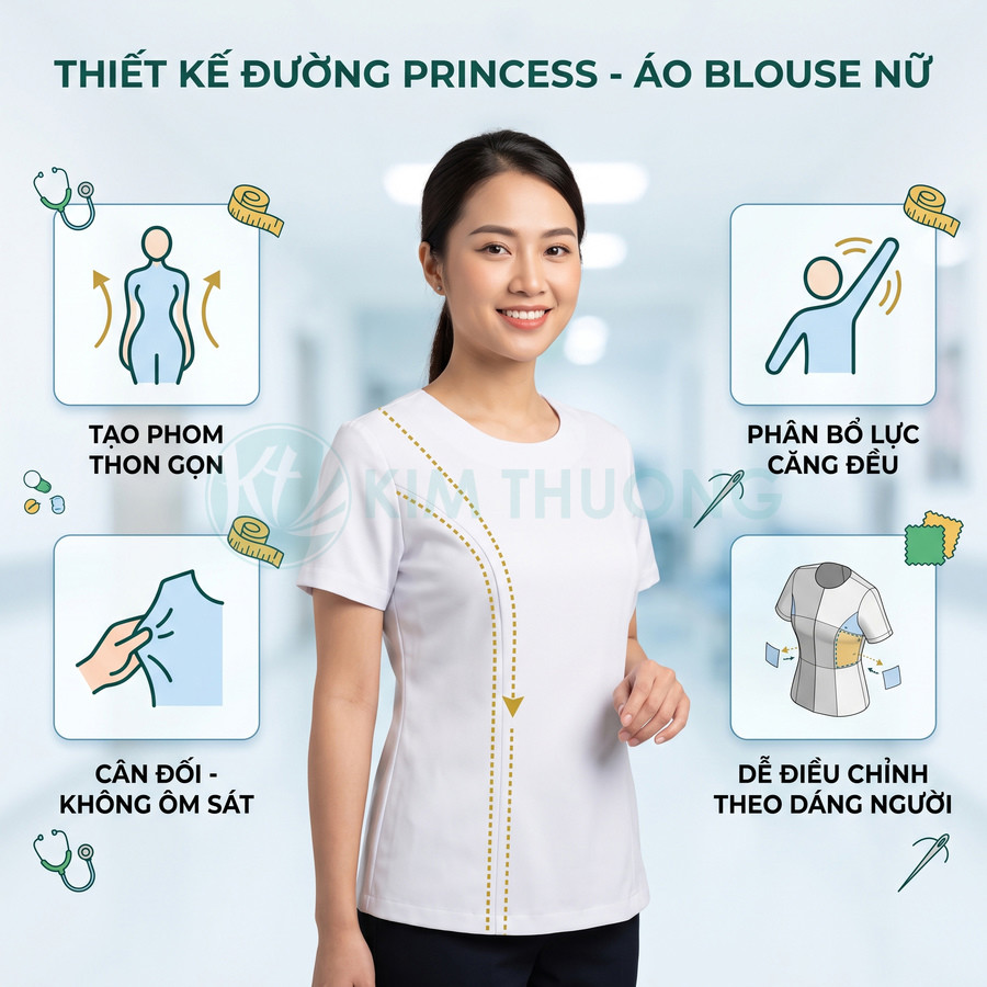Áo blouse nữ thiết kế đường princess tôn dáng, chất liệu thoải mái cho nhân viên y tế