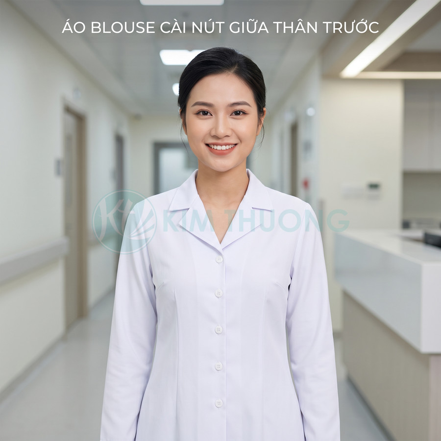 Áo blouse trắng cài nút giữa thân trước cho nhân viên y tế trong bệnh viện