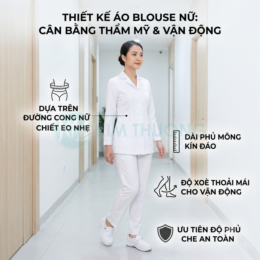 Nữ nhân viên y tế mặc áo blouse trắng dáng dài kín đáo, chiết eo nhẹ, quần trắng và giày y tế trắng