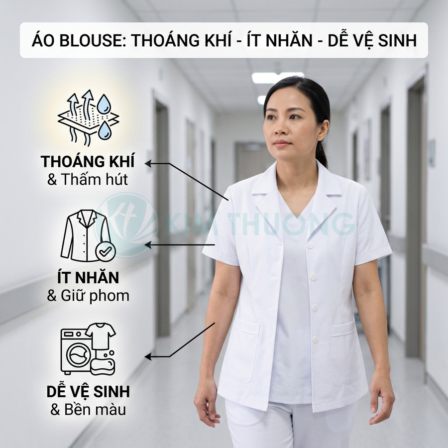 Áo blouse y tá màu trắng thoáng khí ít nhăn dễ vệ sinh, nữ nhân viên y tế mặc trong hành lang bệnh viện