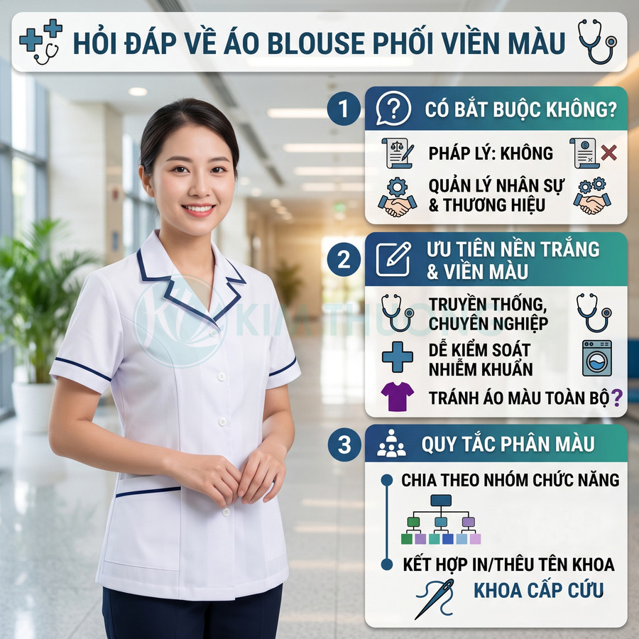 Nữ y tá mặc áo blouse trắng phối viền xanh navy đứng trong hành lang bệnh viện hiện đại