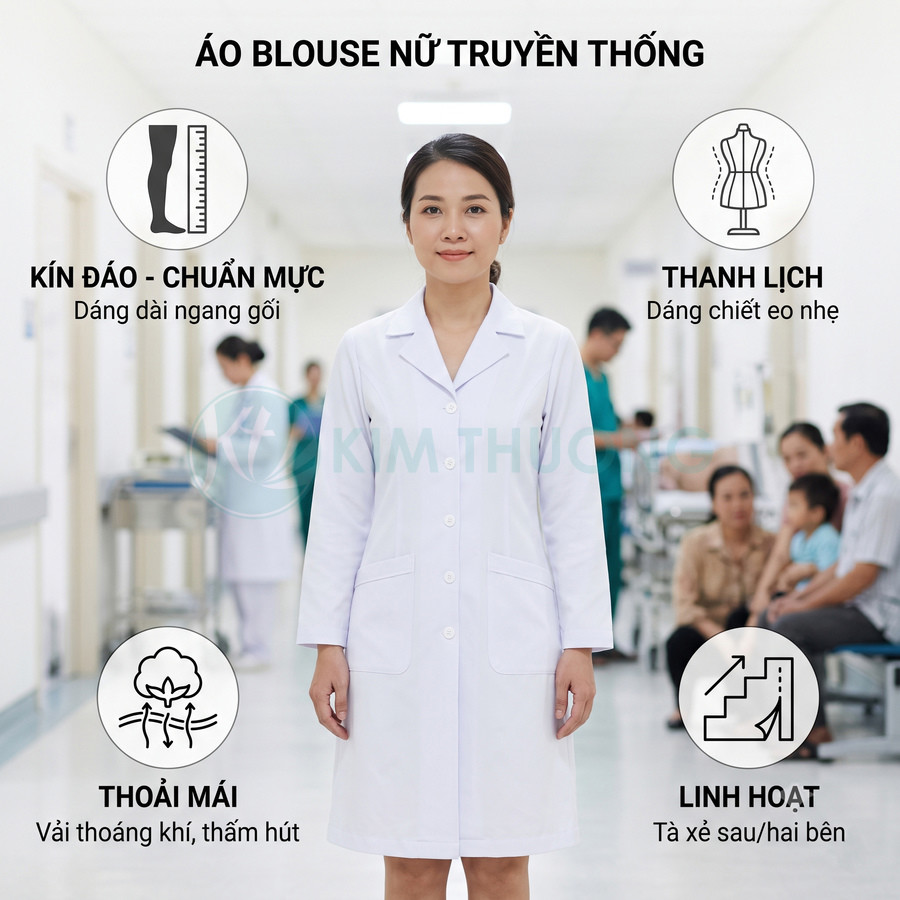 Áo blouse nữ trắng dáng dài ngang gối, chiết eo nhẹ, vải thoáng khí cho nhân viên y tế trong bệnh viện