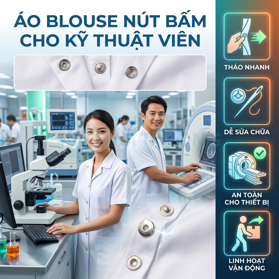 Áo blouse nút bấm cho kỹ thuật viên y tế, chất liệu trắng, dễ tháo và an toàn khi làm việc với thiết bị phòng lab