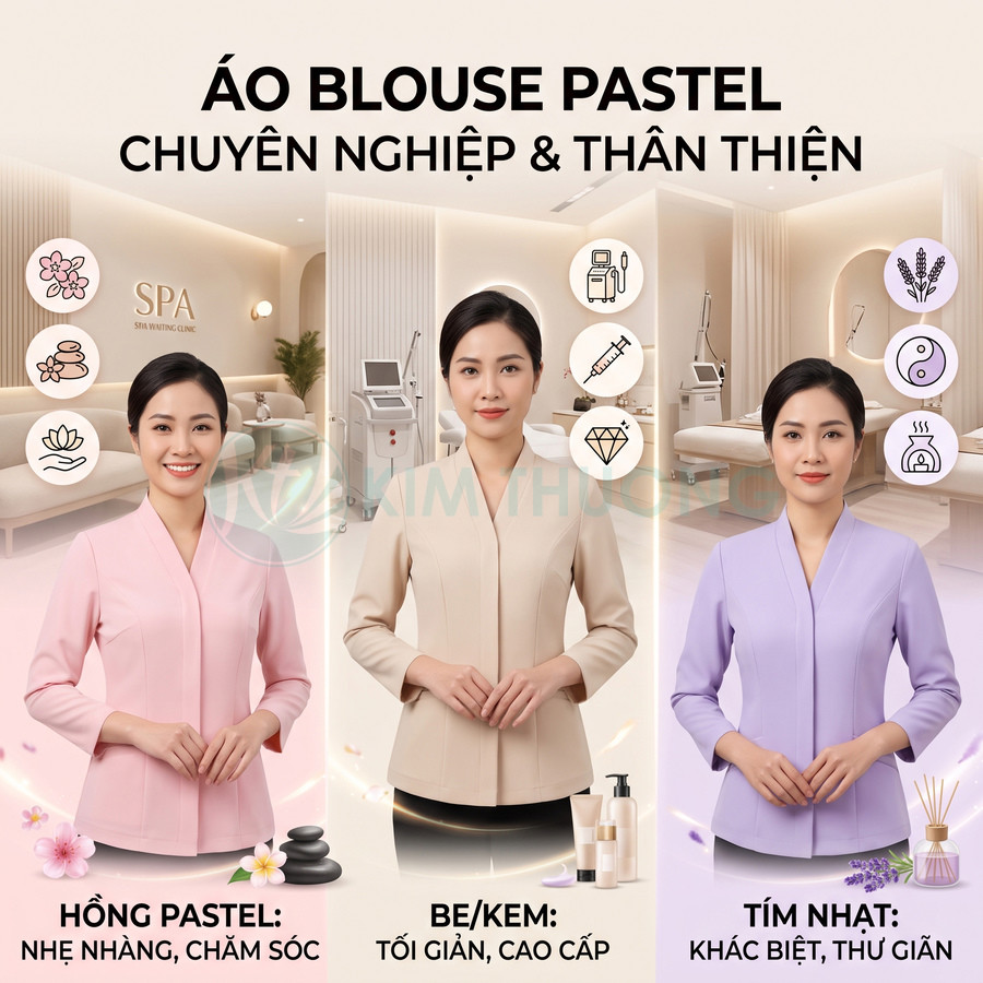 Áo blouse spa pastel cho nhân viên nữ với ba màu hồng be tím nhạt phong cách chuyên nghiệp thân thiện