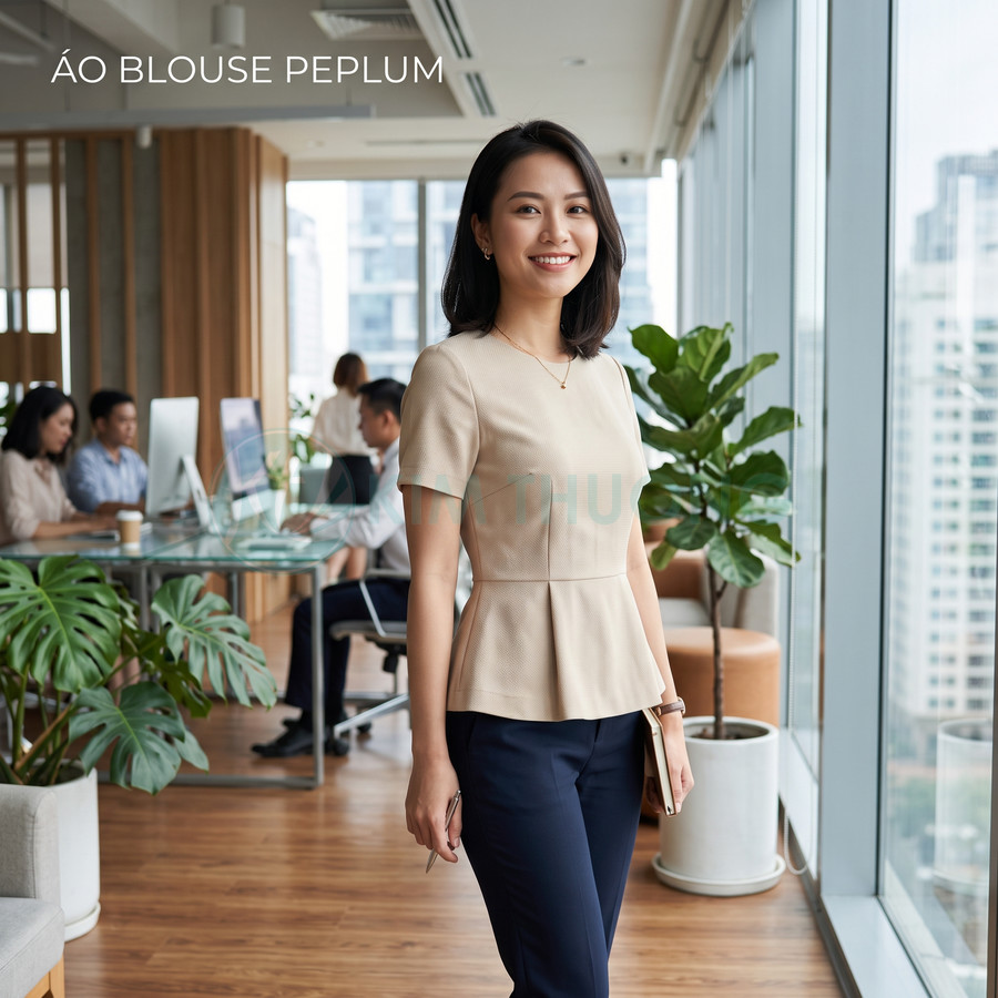 Áo blouse peplum màu be cho nữ công sở phối quần tây xanh navy trong văn phòng hiện đại
