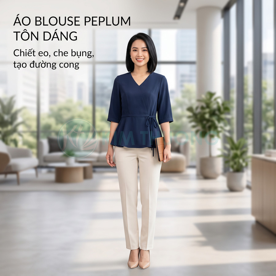 Áo blouse peplum xanh navy chiết eo tôn dáng cho nữ kết hợp quần tây kem trong văn phòng hiện đại