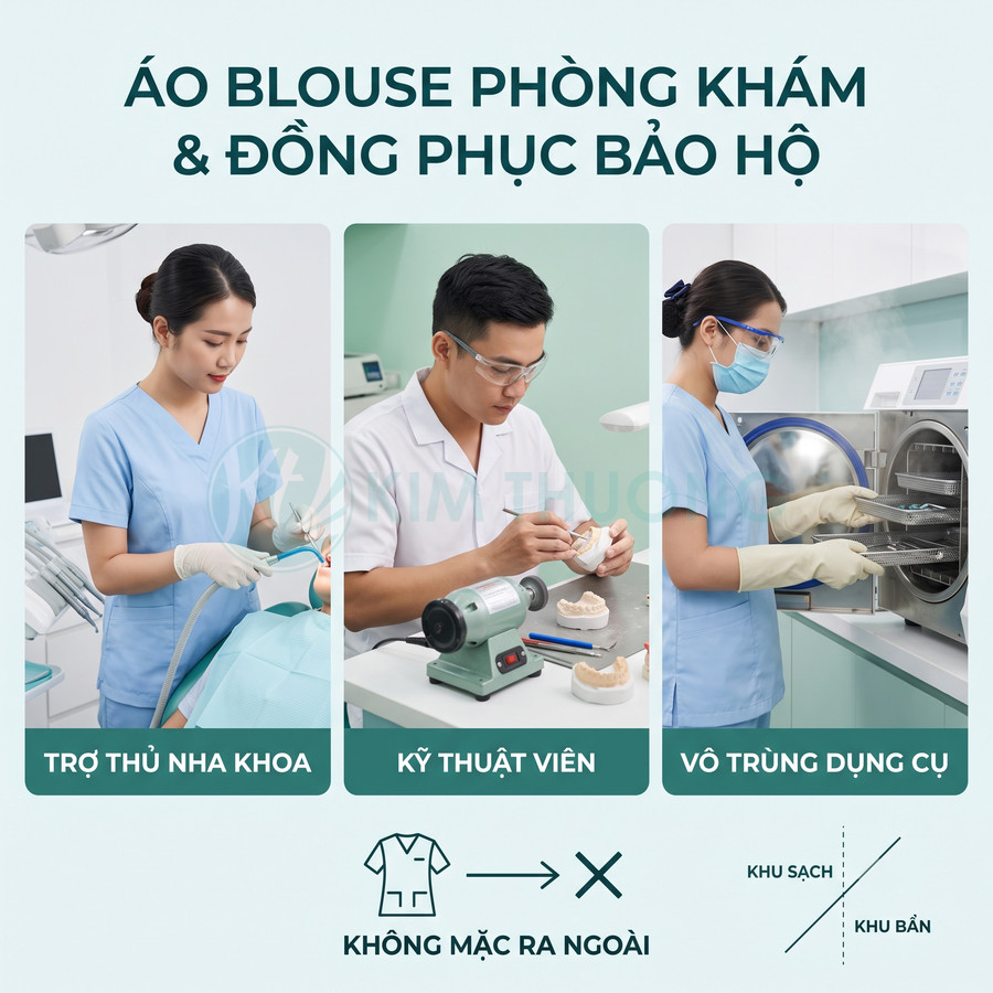 Áo blouse phòng khám và đồng phục bảo hộ cho trợ thủ nha khoa, kỹ thuật viên và nhân viên vô trùng dụng cụ