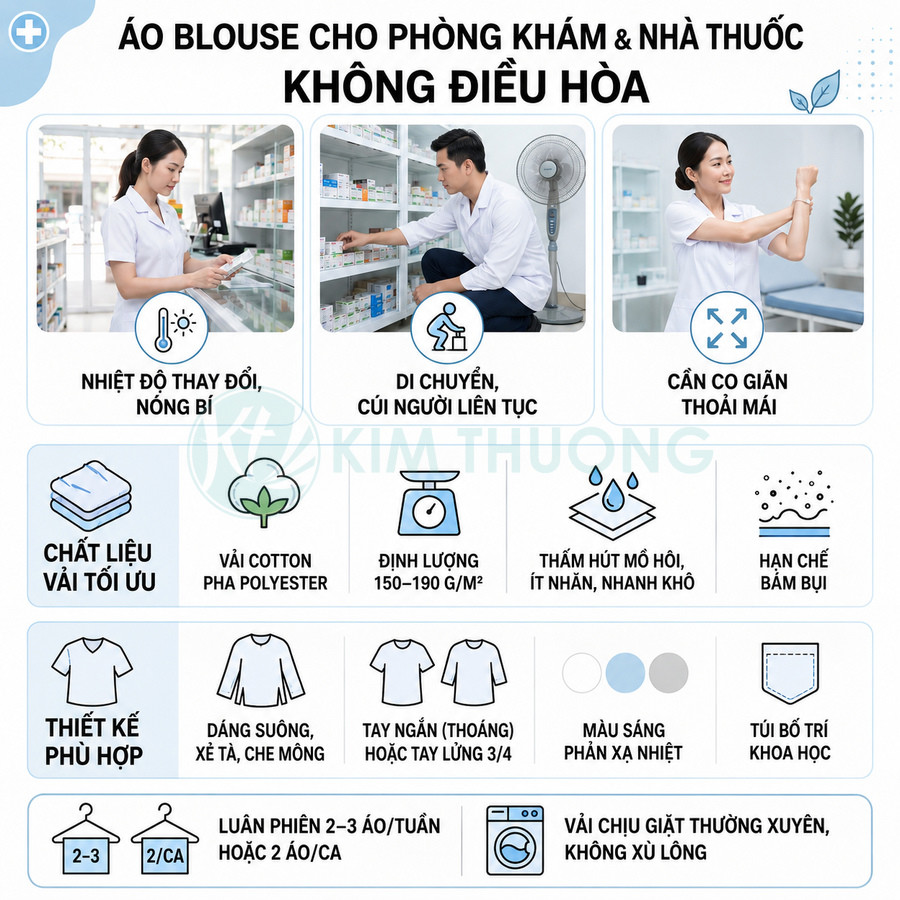 Áo blouse y tế Kim Thương cho phòng khám nhà thuốc không điều hòa, vải cotton pha polyester thoáng mát, thấm hút tốt