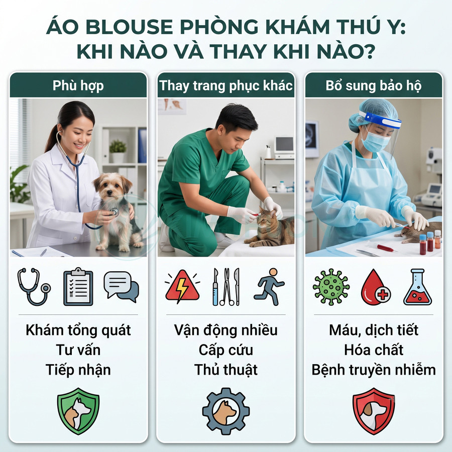 Áo blouse và đồ bảo hộ cho bác sĩ thú y khi khám tổng quát, cấp cứu, làm thủ thuật và xử lý máu dịch tiết