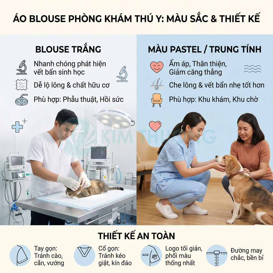 Áo blouse thú y màu trắng và pastel cho bác sĩ, thiết kế an toàn khi khám chữa bệnh cho chó mèo