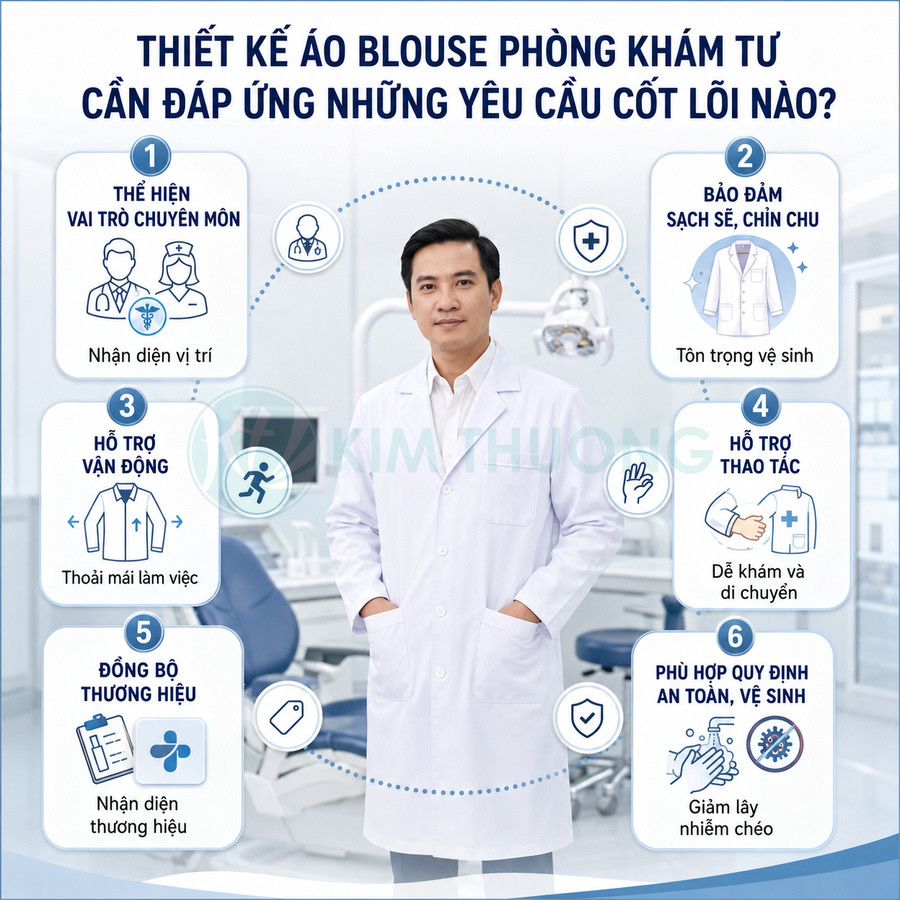 Bác sĩ mặc áo blouse trắng đứng trong phòng khám tư hiện đại, giới thiệu các yêu cầu thiết kế áo blouse