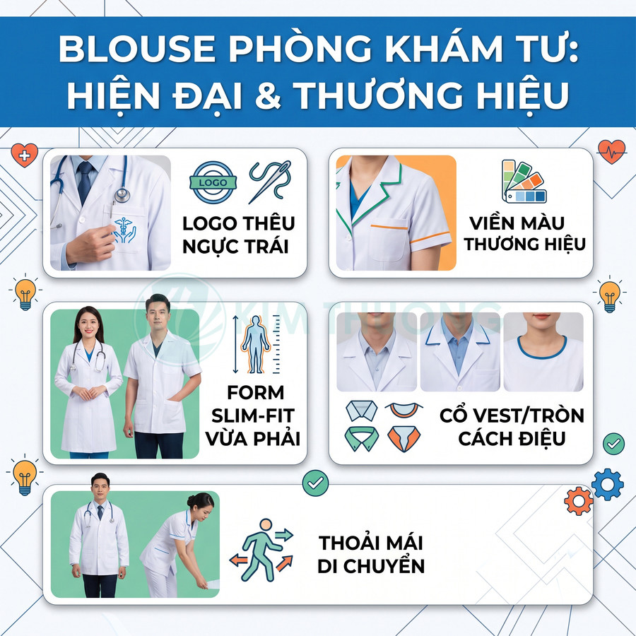Áo blouse phòng khám tư hiện đại, form slim fit, logo thêu ngực trái, viền màu thương hiệu, cổ vest và cổ tròn cách điệu
