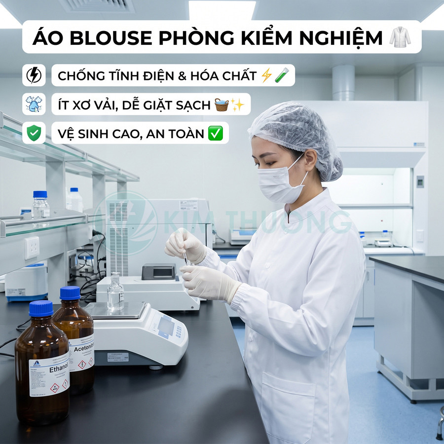 Áo blouse trắng phòng kiểm nghiệm chống tĩnh điện và hóa chất, ít xơ vải, dễ giặt sạch, an toàn vệ sinh cao