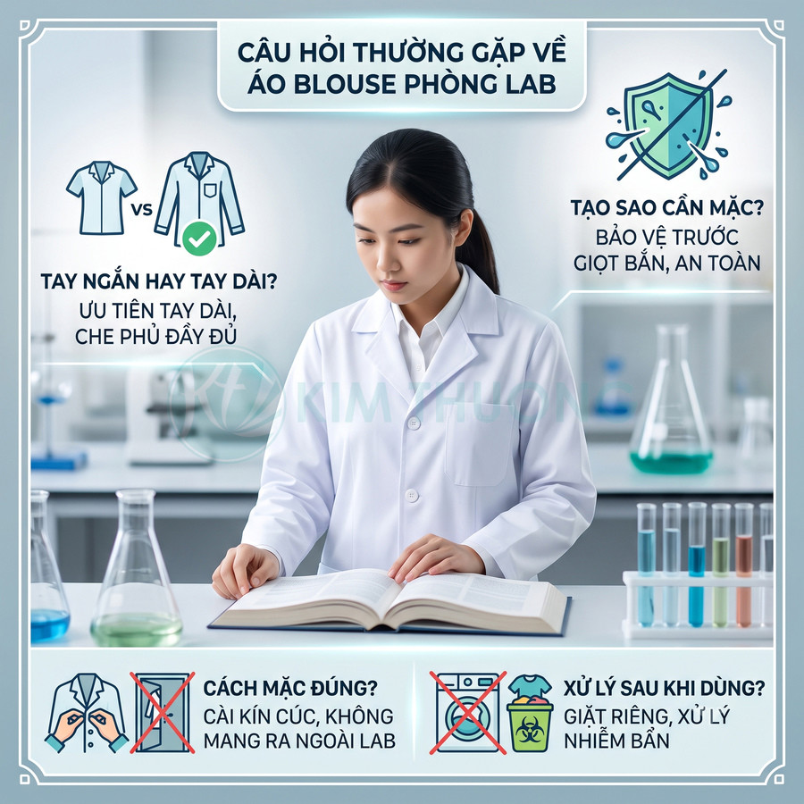 Nữ kỹ thuật viên mặc áo blouse tay dài màu trắng làm việc trong phòng thí nghiệm với sách và dụng cụ hóa học