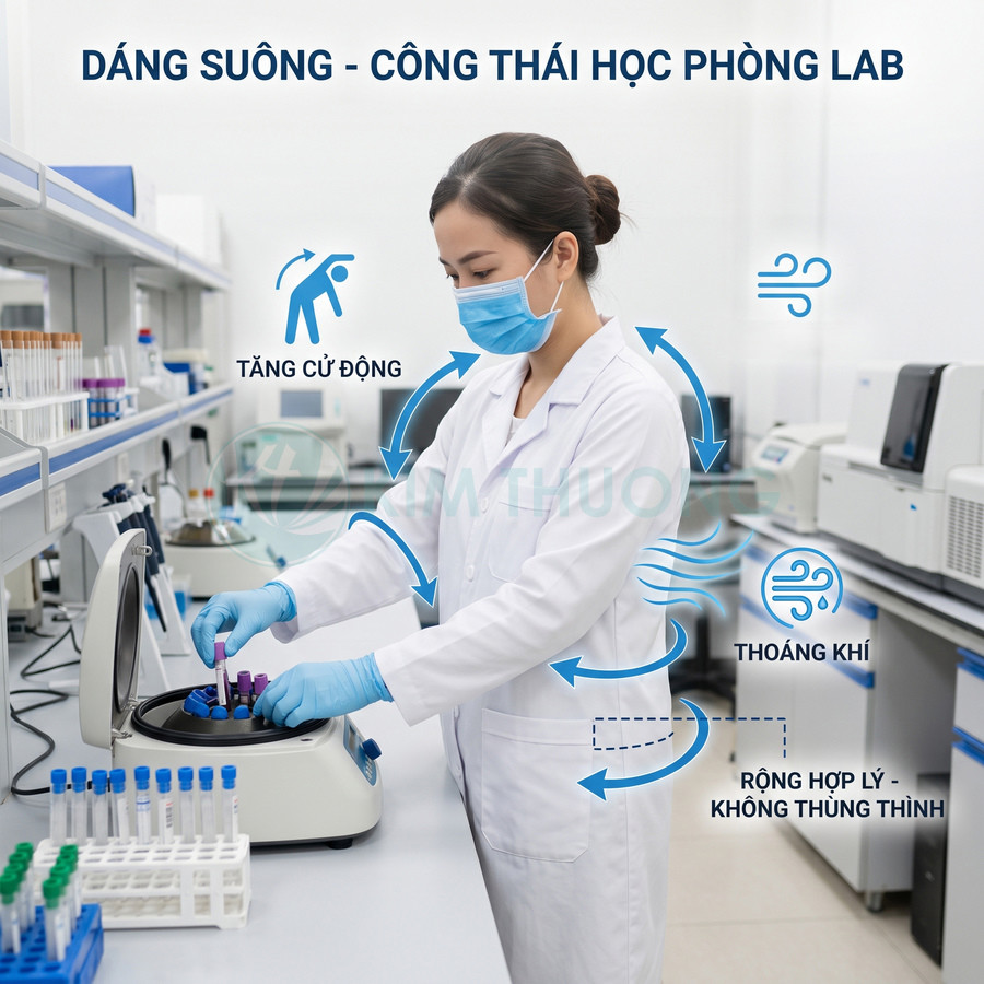 Áo blouse phòng lab dáng suông thoáng khí cho kỹ thuật viên xét nghiệm thao tác với máy ly tâm