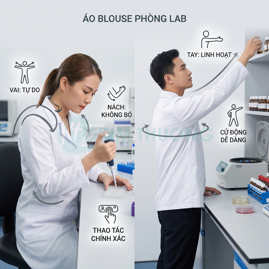 Áo blouse phòng lab trắng cho nam nữ, thiết kế thoải mái linh hoạt khi thao tác trong phòng thí nghiệm
