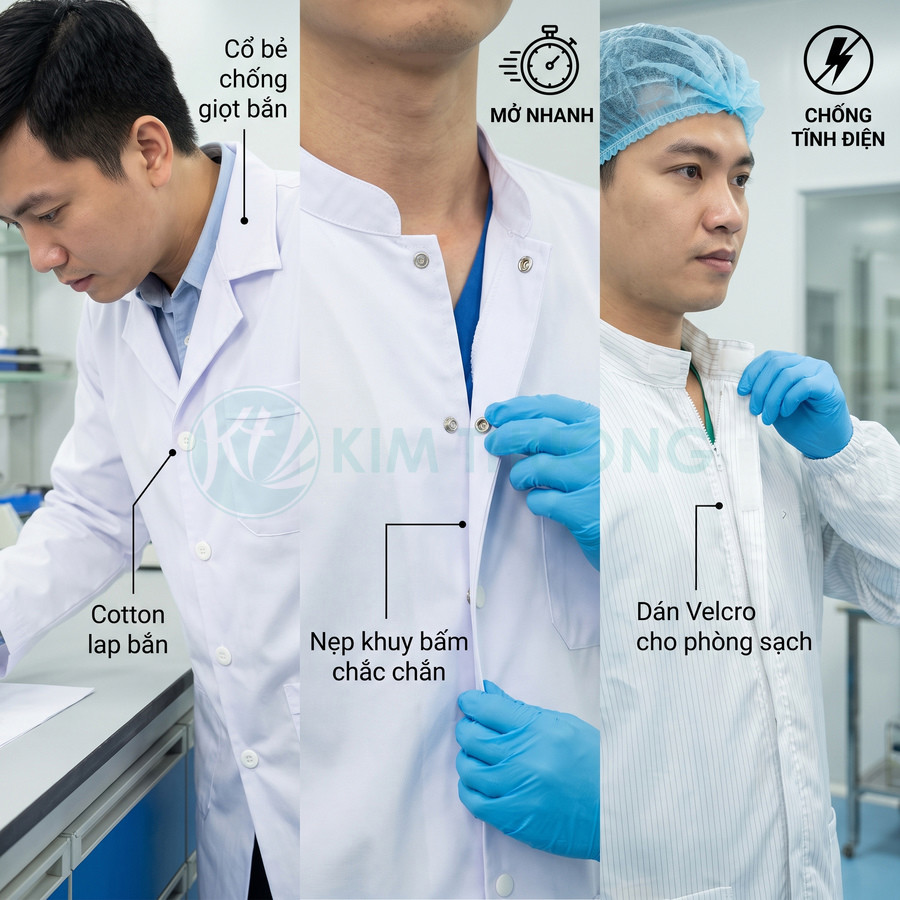 Áo blouse phòng sạch màu trắng chống giọt bắn, khuy bấm chắc chắn và dán Velcro, mặc cùng găng tay và mũ trùm tóc