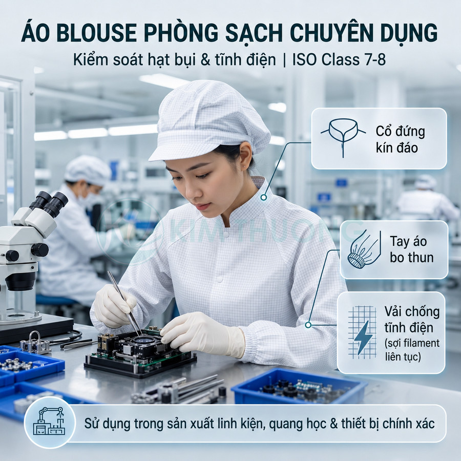 Áo blouse phòng sạch chống tĩnh điện cổ kín tay bo thun cho kỹ thuật viên lắp ráp linh kiện điện tử