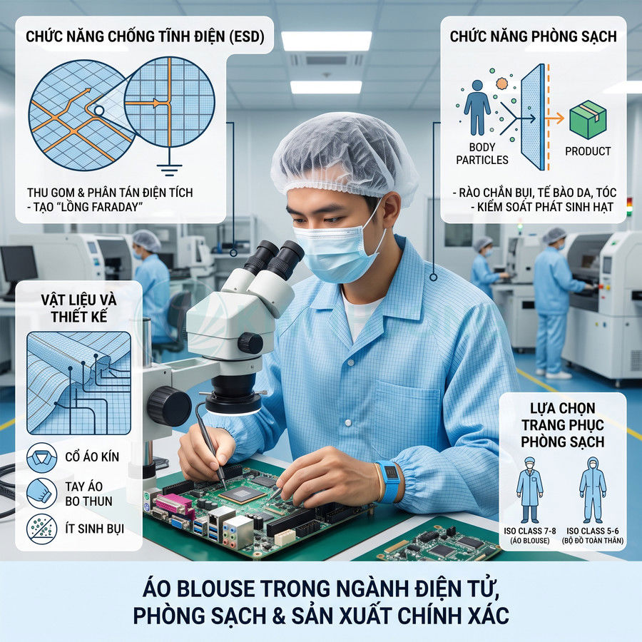 Kỹ thuật viên mặc áo blouse phòng sạch chống tĩnh điện đang kiểm tra bo mạch điện tử dưới kính hiển vi