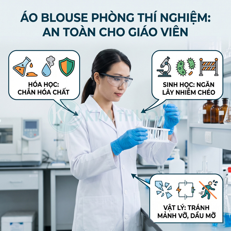 Áo blouse phòng thí nghiệm cho giáo viên, chất liệu bảo hộ hóa học sinh học vật lý, nữ kỹ thuật viên đang thao tác ống nghiệm