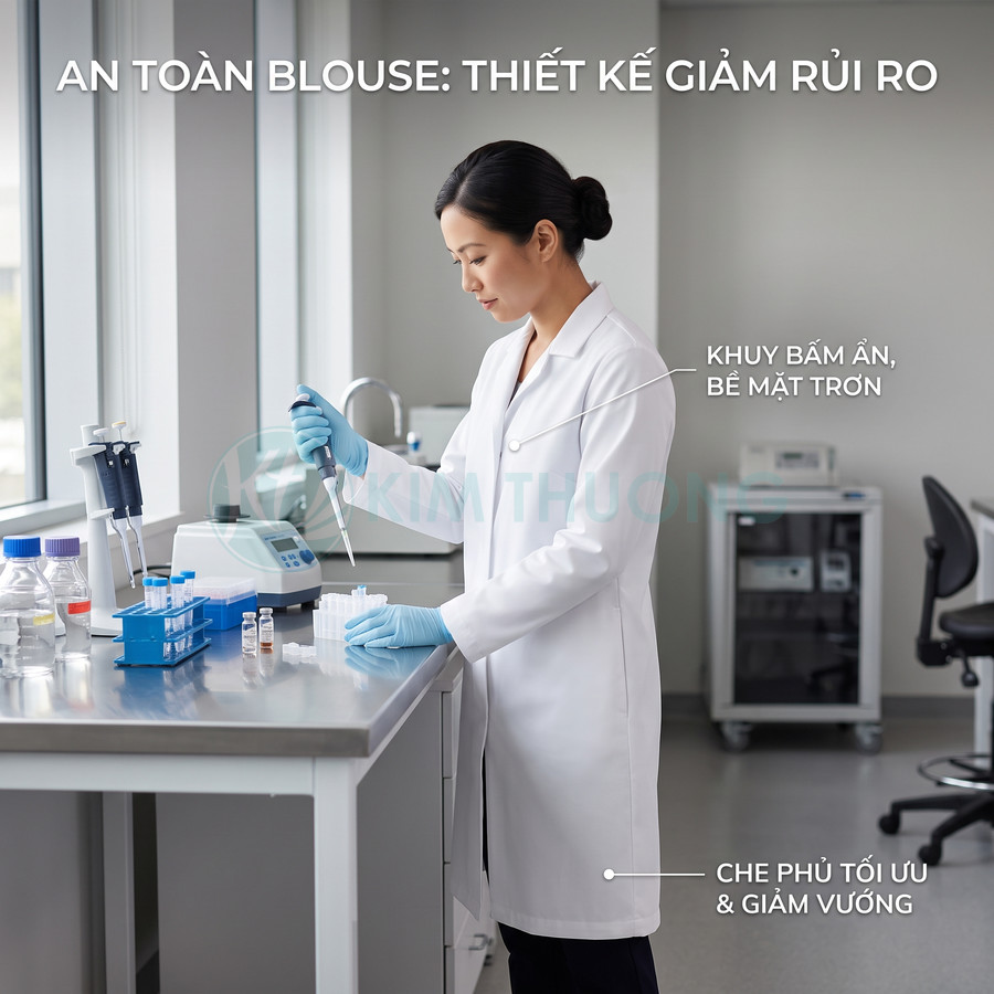 Blouse phòng thí nghiệm an toàn với khuy bấm ẩn, che phủ tối ưu cho kỹ thuật viên thao tác pipet trên bàn lab