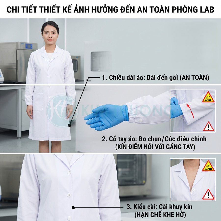 Áo blouse phòng thí nghiệm trắng dài đến gối tay bo chun cài khuy kín kết hợp găng tay cao su xanh