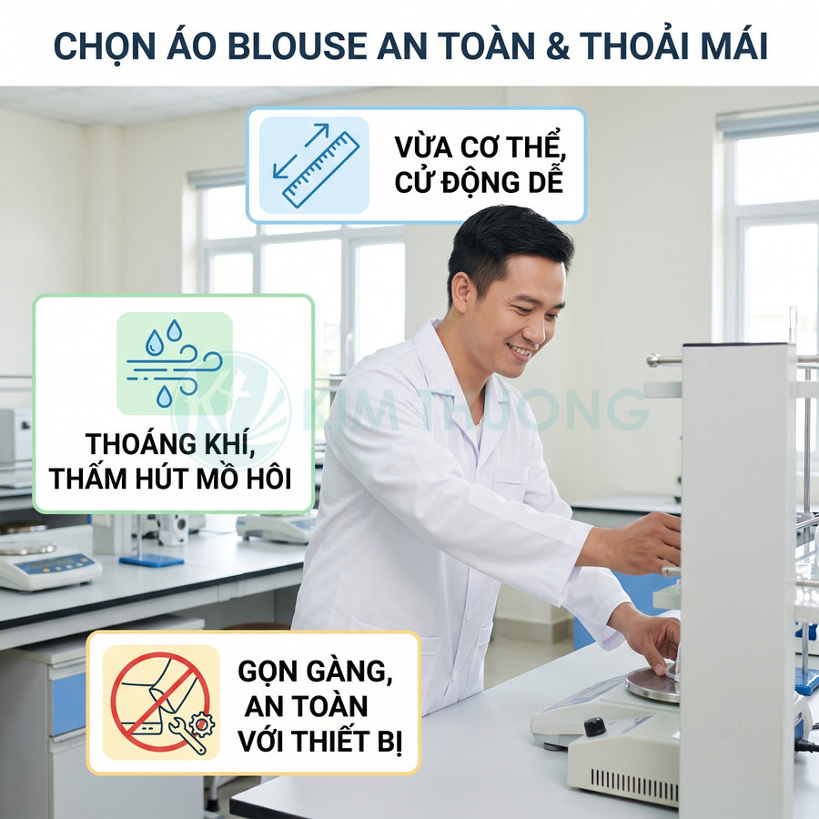Áo blouse phòng thí nghiệm thoáng khí, vừa vặn, gọn gàng giúp kỹ thuật viên thao tác an toàn với thiết bị