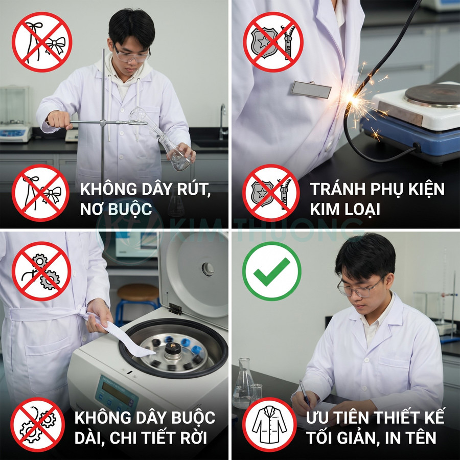 Áo blouse phòng thí nghiệm màu trắng thiết kế tối giản, không dây buộc hay phụ kiện kim loại, có thể in tên