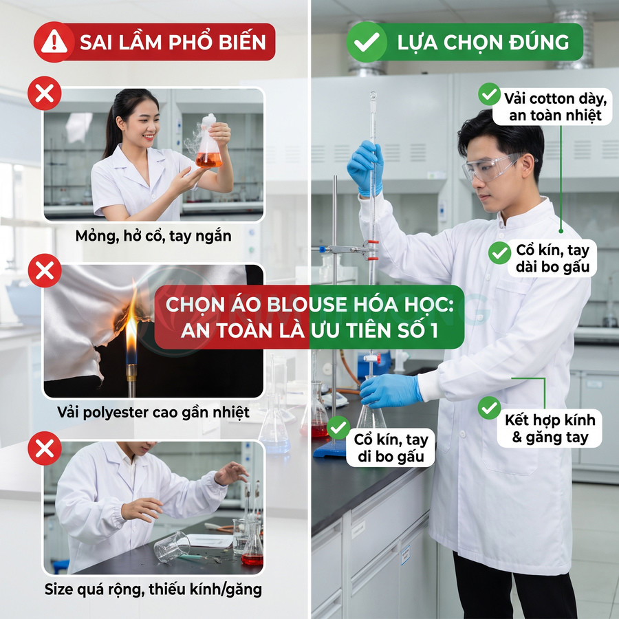 Áo blouse hóa học cotton dày, cổ kín tay dài bo gấu, kết hợp kính bảo hộ và găng tay khi làm thí nghiệm