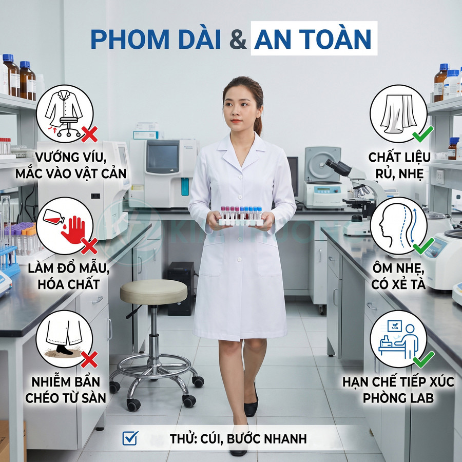 Áo blouse phòng thí nghiệm phom dài an toàn, chất liệu nhẹ, ôm vừa, nữ kỹ thuật viên cầm khay ống nghiệm trong lab